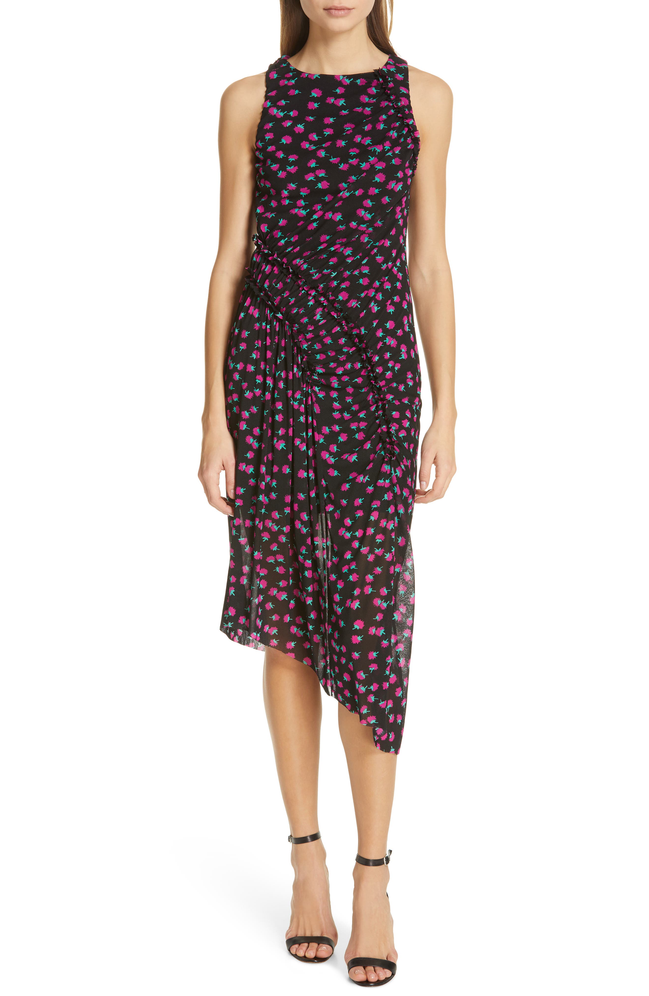 Dvf Maia Asymmetrical Mesh Sheath Dress, Black