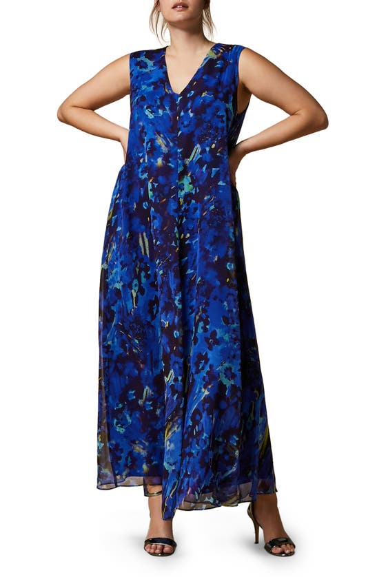 Shop Marina Rinaldi Floral Silk Midi Dress In Blue