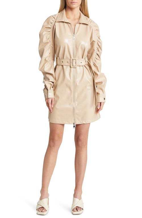 Amy Lynn Ruched Long Sleeve Faux Leather Shirtdress in Ivory