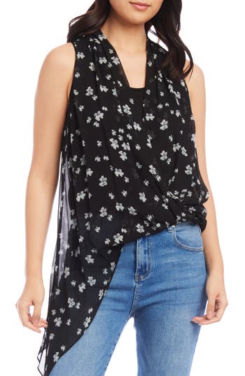Karen Kane Floral Wrap Front Asymmetric Hem Shirt In Black/floral
