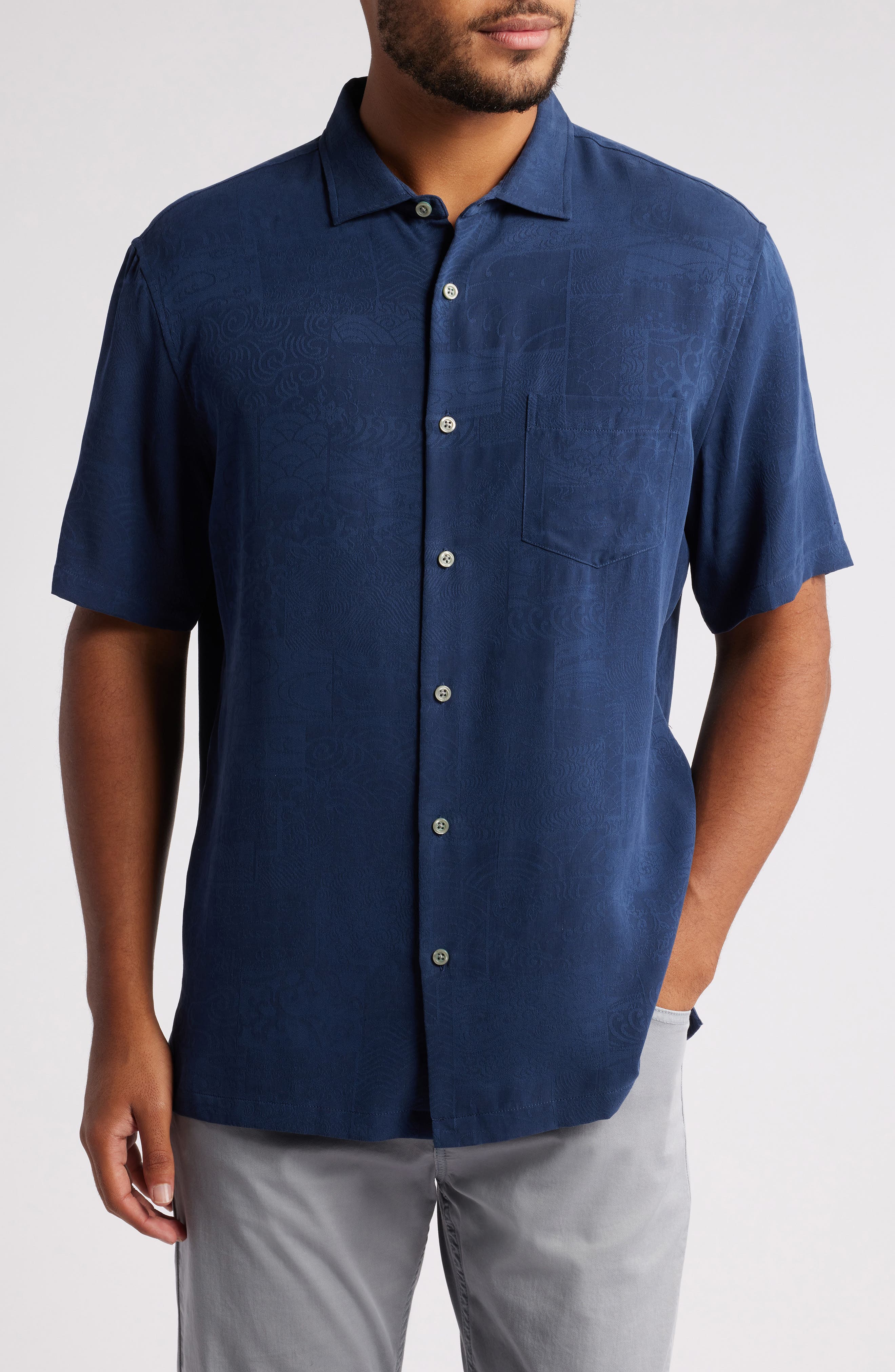 Tori Richard Book of Water Silk Blend Short Sleeve Button-Up Shirt in Deep Sea 