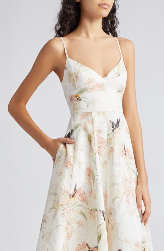 Shop Zimmermann Picnic Floral Linen Midi Sundress In Coral Birds