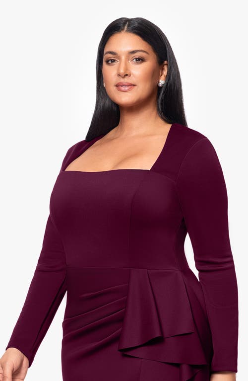 Xscape Evenings Side Ruffle Long Sleeve Scuba Gown In Wine