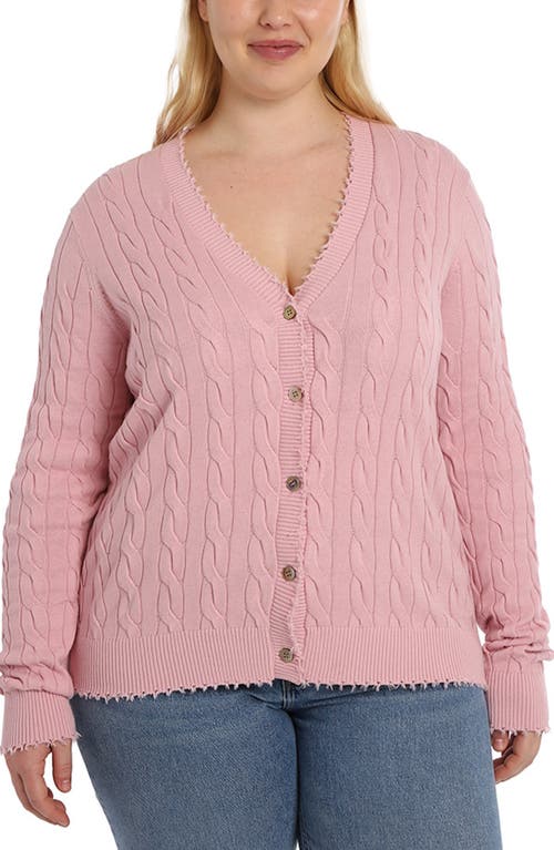 Frayed V-Neck Cable Knit Cotton Cardigan in Pink Pearl