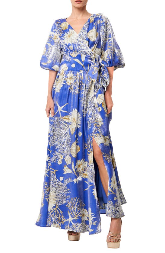 Shop Ciebon Ariella Floral Print Side Tie Maxi Dress In Blue Multi