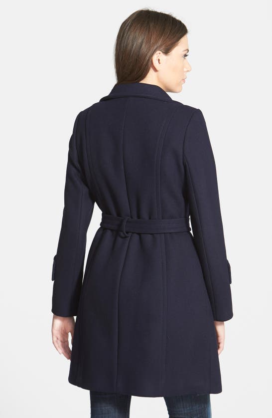 Elie Tahari 'india' Stand Collar Belted Wool Blend Coat In Midnight