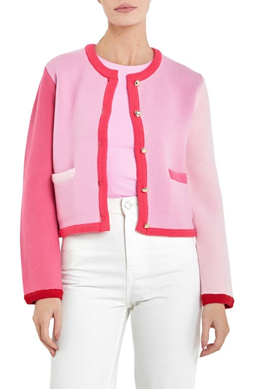 English Factory Colorblock Heart Button Cardigan Pink Multi at Nordstrom,