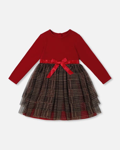 Deux Par Deux Babies'  Little Girl's Bi-material Dress With Glittering Tulle Skirt Red Plaid In Jester Red