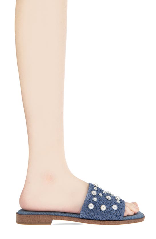 Bcbgeneration Lonnie Imitation Pearl Slide Sandal In Denim Blue Raffia