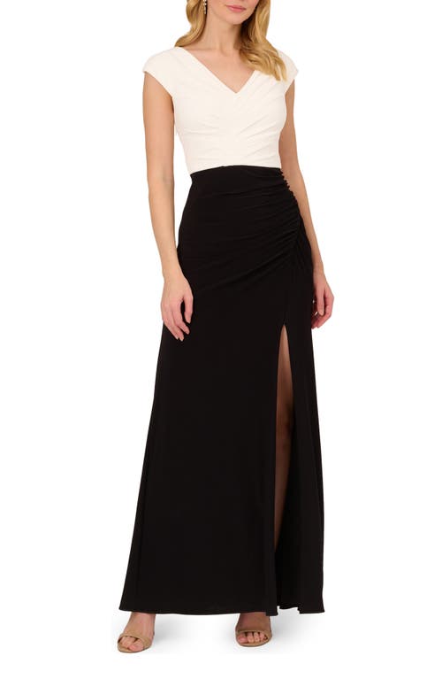 Adrianna Papell Pleated Cap Sleeve Gown In Black/ivory