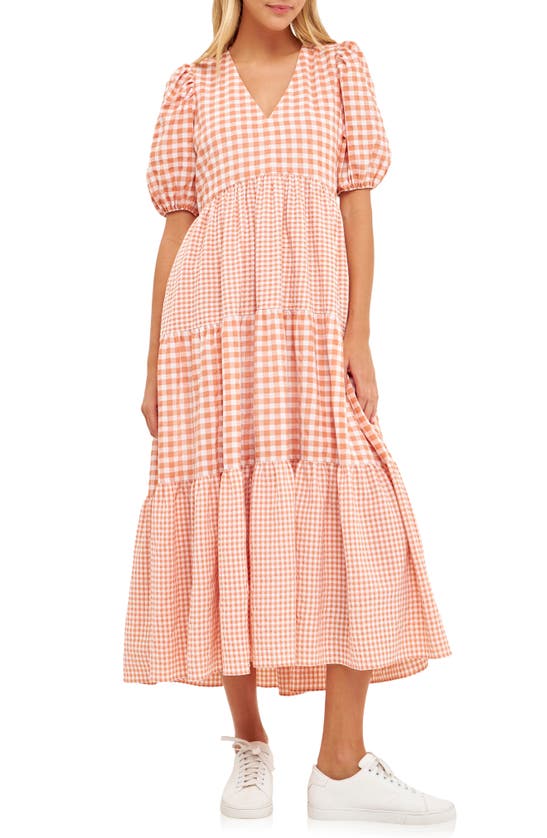 English Factory Mixed Gingham Tiered Dress In Sienna