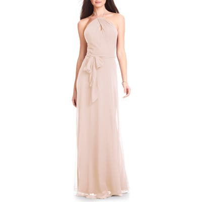 #levkoff Chiffon Tie Waist Halter Gown, Pink