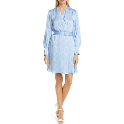 Equipment Fanetta Geo Print Belted Long Sleeve Wrap Dress, Blue