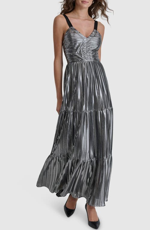 Shop Dkny Foil Plissé Sleeveless Maxi Dress In Silver