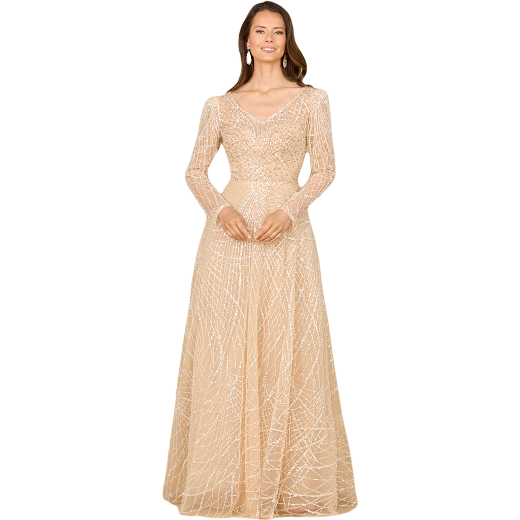 Lara New York Long Sleeve V-neck Ballgown In Champagne