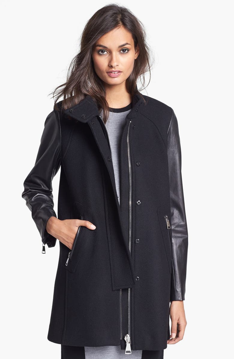 Milly Zip Detail Leather & Wool Swing Coat | Nordstrom