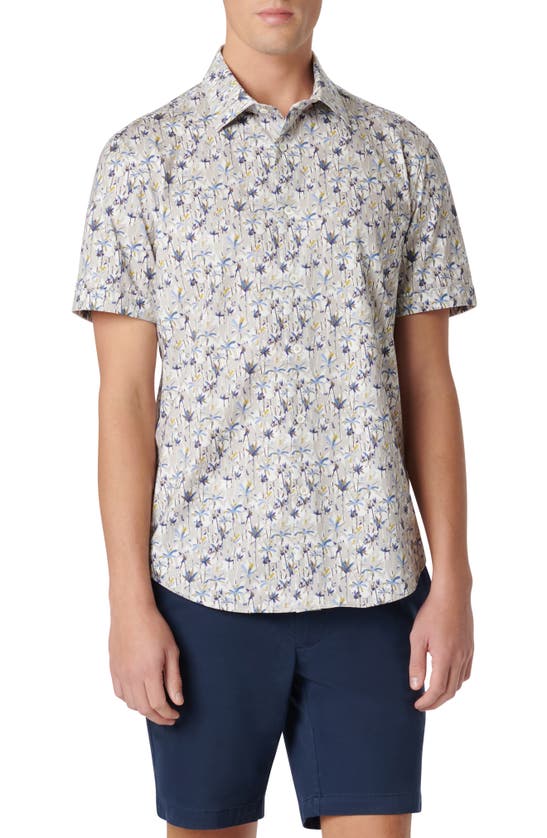 Shop Bugatchi Miles Ooohcotton® Leaf Print Short Sleeve Button-up Shirt In Sand