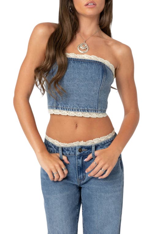 Shop Edikted Karlie Lace Trim Denim Tube Top In Blue