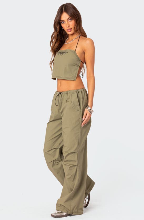 Shop Edikted Fey Embroidered Open Back Halter Top In Olive