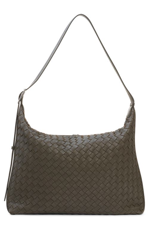 Shop Bottega Veneta Medium Intrecciato Traveller Hobo Bag In 3386 Kaki/silver