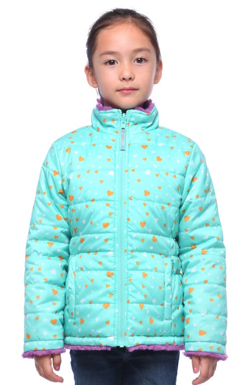 Rokka&rolla Kids' Reversible Fleece Puffer Jacket In Mulberry Ice/green Printed