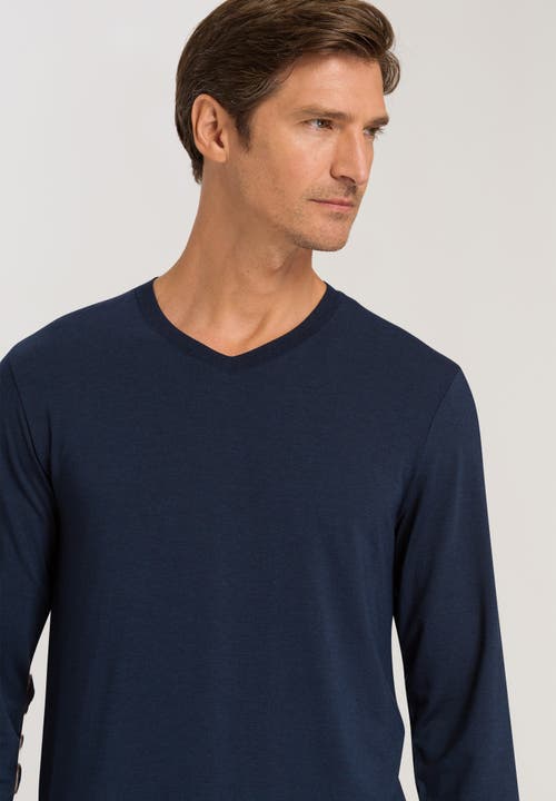 Hanro Cotton Blend Long Sleeve V Neck Tee In Deep Navy