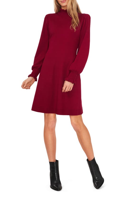 Cece Women's Long Sleeve Smock Cuff Mock Neck Sweater Dress In Deep Merlot