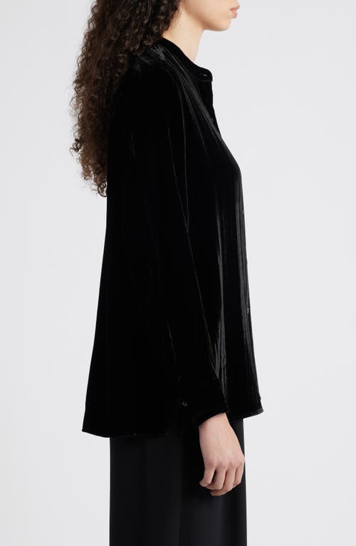 Shop Eileen Fisher Crushed Velvet Band Collar Button-up Shirt In Black