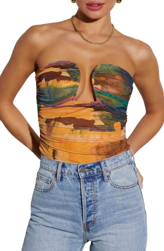 Shop Vici Collection Jazlynn Abstratct Print Strapless Bodysuit In Orange/ Multi