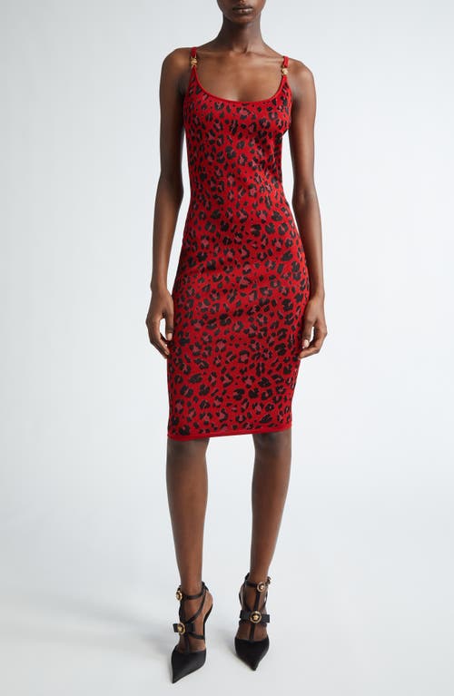 Shop Versace Animalier Leopard Jacquard Body-con Sweater Dress In Lipstick Red