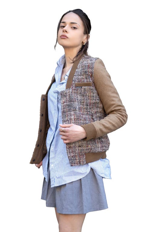 Shop Members Only Updated Tweed Varsity Jacket With Contrast Sleeve In Camel