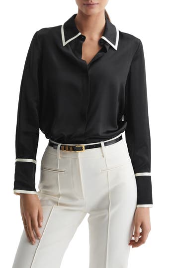 Reiss Black Silk Contrast Trim Button-through Shirt In Black