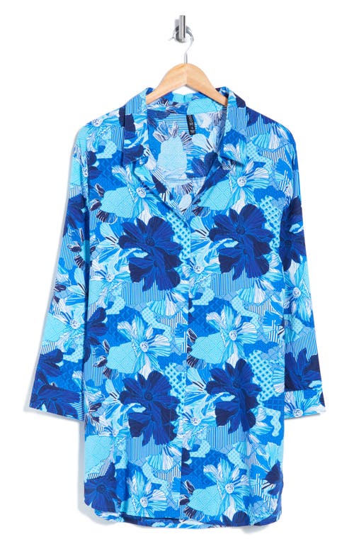 Boho Me Floral Print Button-up Cover-up Shirt In Blue Patch