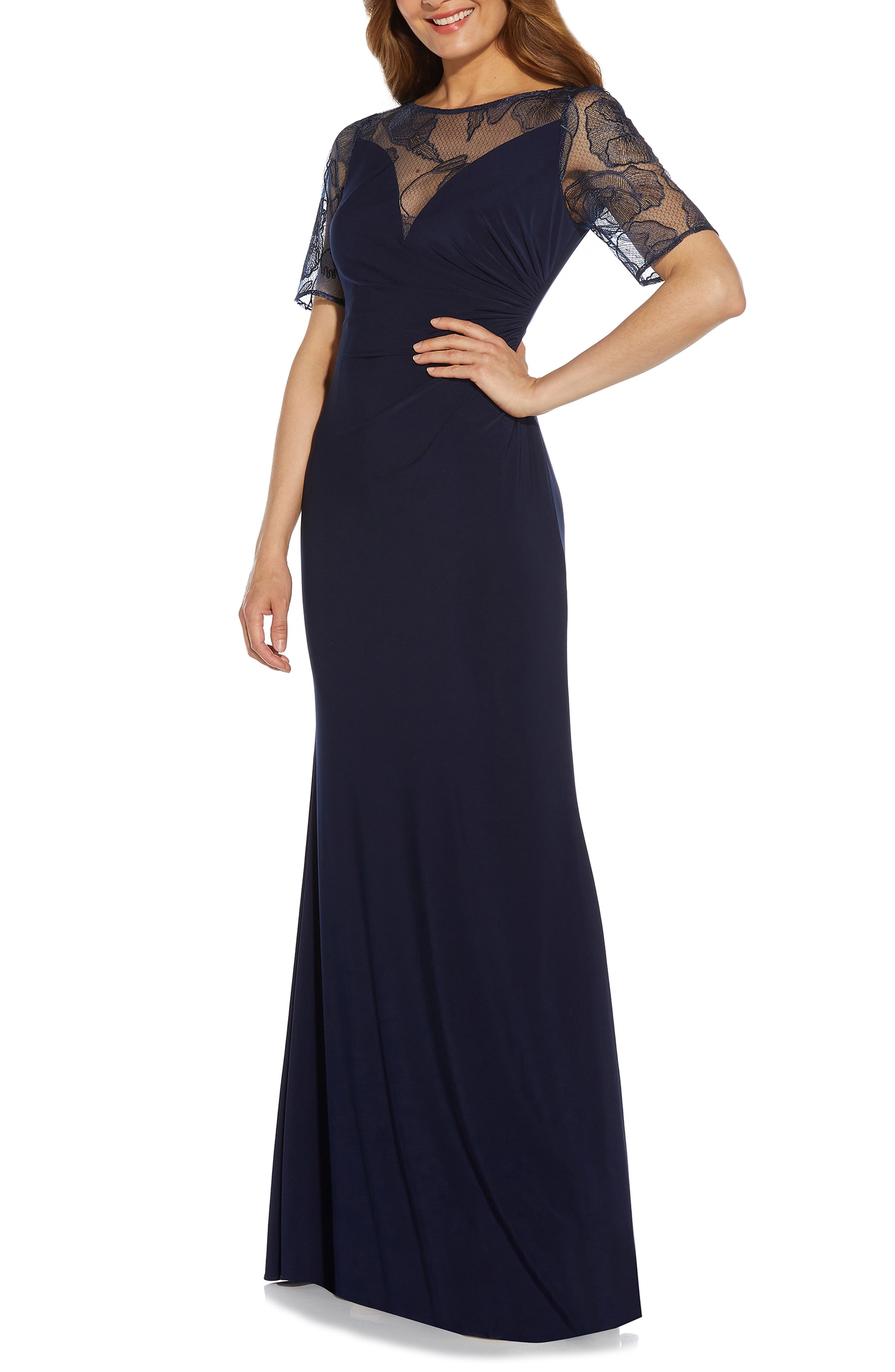 Adrianna Papell Embroidered Illusion Lace Stretch Jersey Mermaid Gown in Midnight Smart Closet