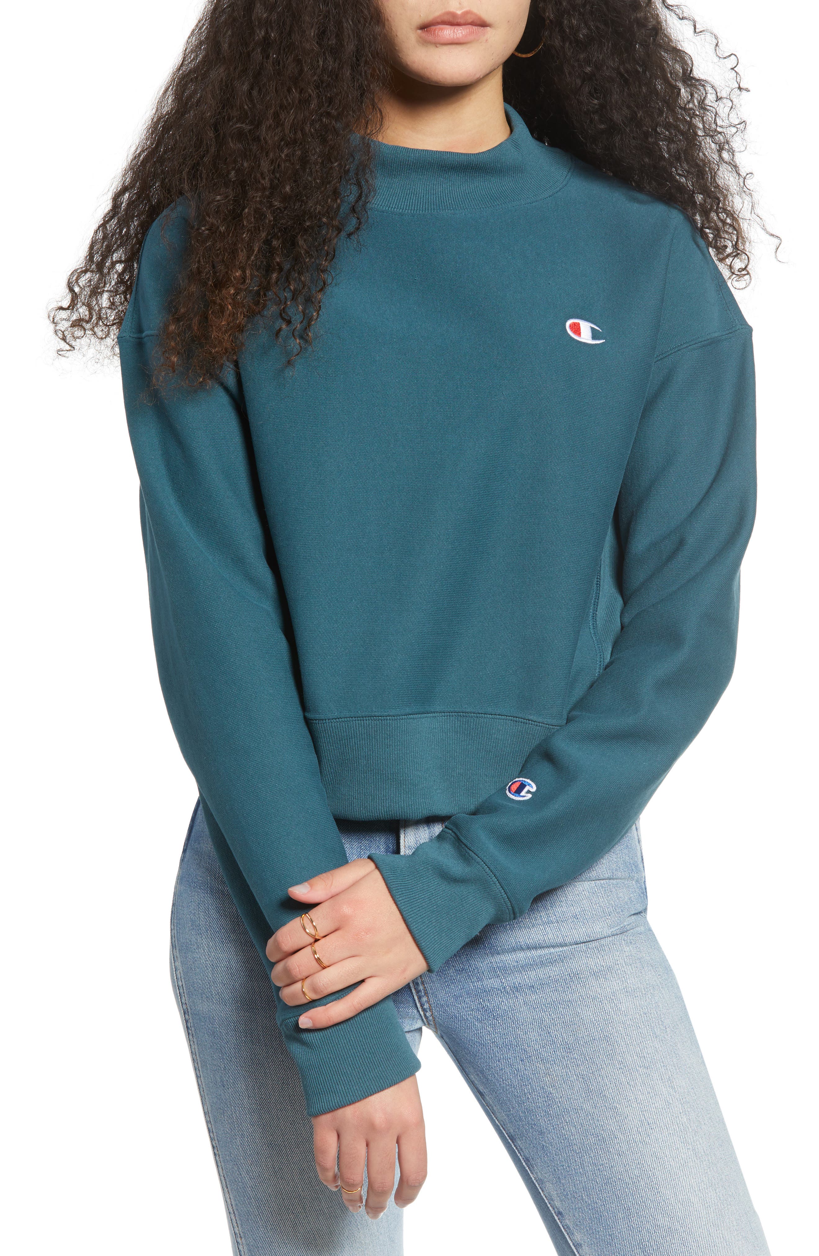 mock neck reverse panel crop sweatshirt