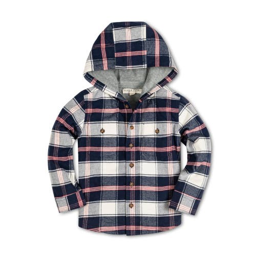 Hope & Henry Boys' Hooded Flannel Shirt Jacket, Kids In Large Navy And Ivory Plaid