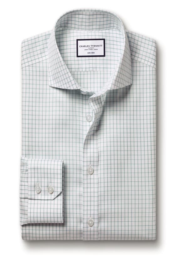 Shop Charles Tyrwhitt Check Non-iron Twill Cutaway Slim Fit Shirt Single Cuff In Atlantic Green