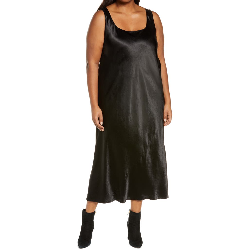 Vince Square Neck Satin Tank Dress In Black