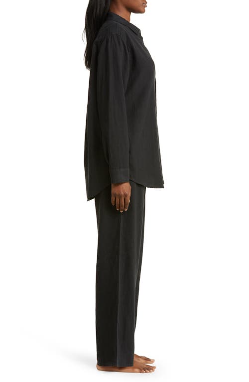 Desmond & Dempsey Long Sleeve Linen Pajamas In Plain Linen Black