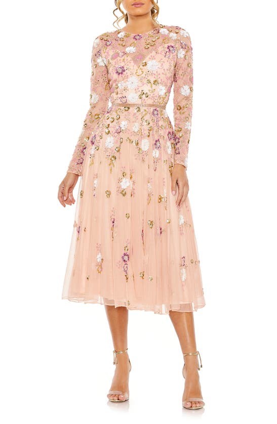 Shop Mac Duggal Sequin Floral Long Sleeve Mesh Dress In Blush