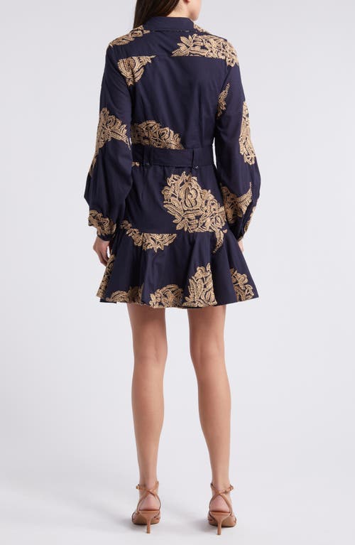 Shop Ciebon Ina Embroidered Long Sleeve Cotton Shirtdress In Navy Tan