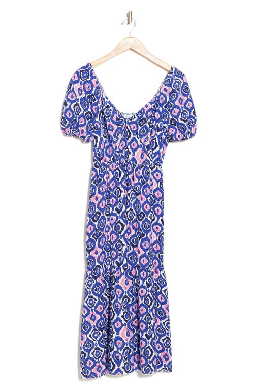 Shop Tash And Sophie Abstract Ikat Puff Sleeve Midi Dress In Blue Multi