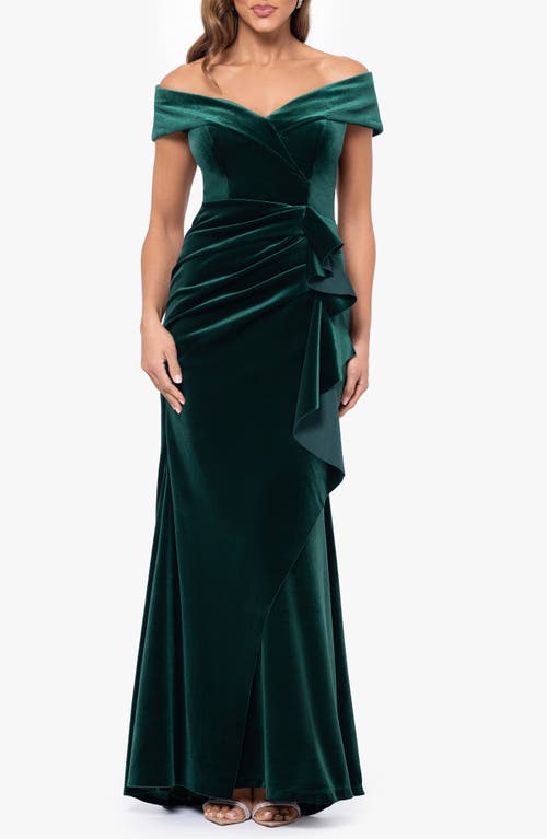 Xscape Evenings Ruffle Off The Shoulder Stretch Velvet Gown In Hunter