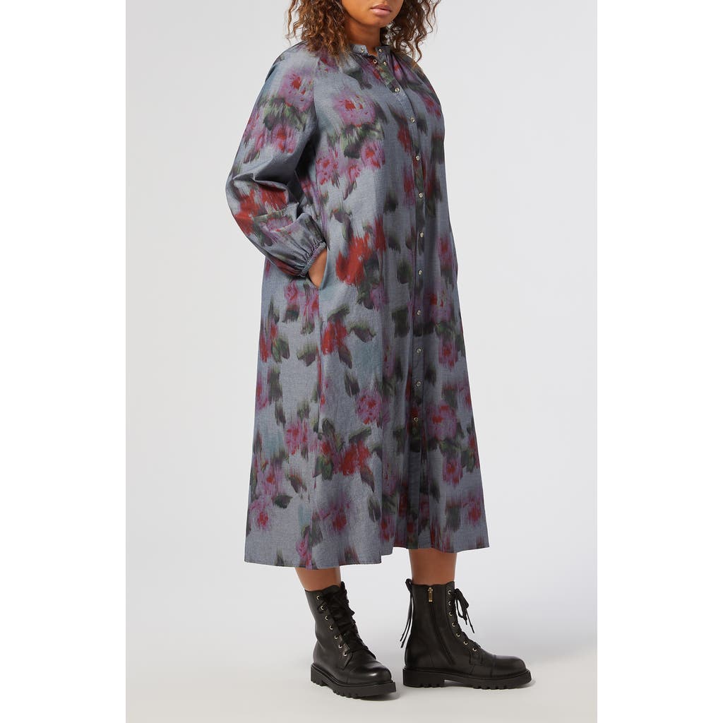 Marina Rinaldi Cimone Abstract Floral Long Sleeve Cotton Shirtdress in Navy Flower