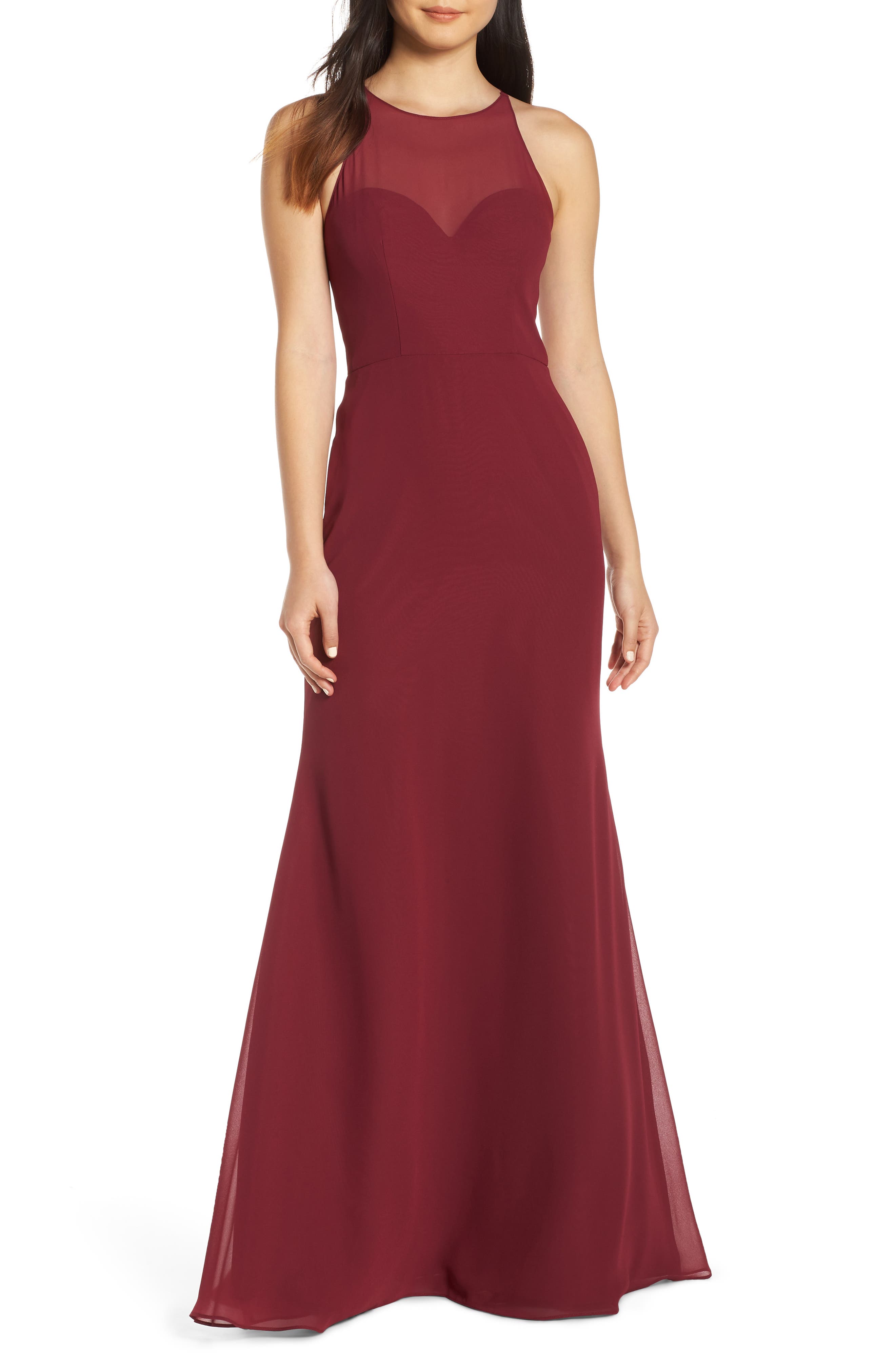Hayley Paige Occasions Sheer Racerback Chiffon Evening Dress, Burgundy