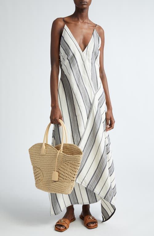 Shop Ferragamo Stripe Asymmetric Midi Dress In Ecru/nero/ash Grey