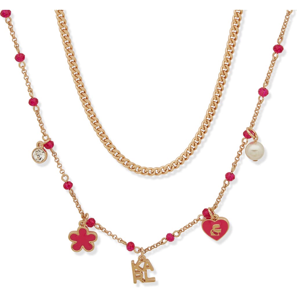 Shop Karl Lagerfeld Paris Enamel, Crystal & Imitation Pearl Logo Charm Layered Necklace In Gold/pink