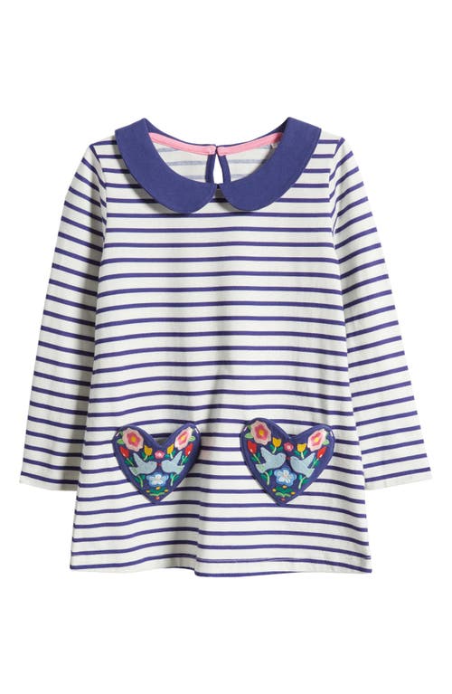 Mini Boden Kids' Stripe Embroidered Cotton Tunic Top in Ivory/College Navy Birds