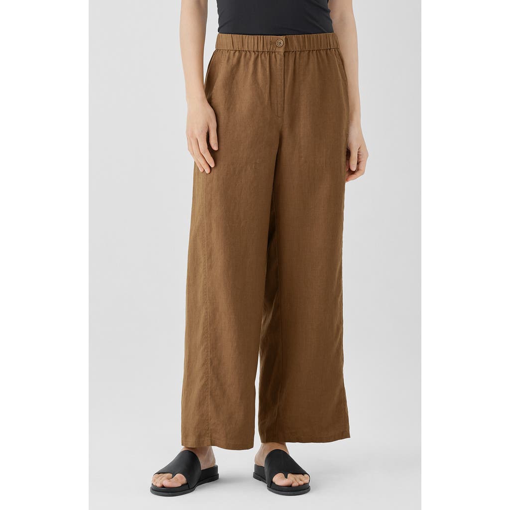 Eileen Fisher Wide Leg Organic Linen Ankle Pants In Bronze