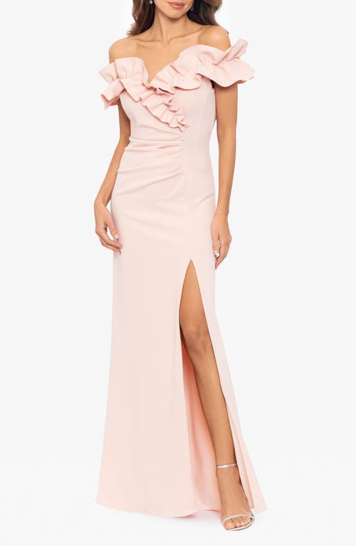 Xscape Evenings Ruffle Off The Shoulder Ruched Gown In Pink